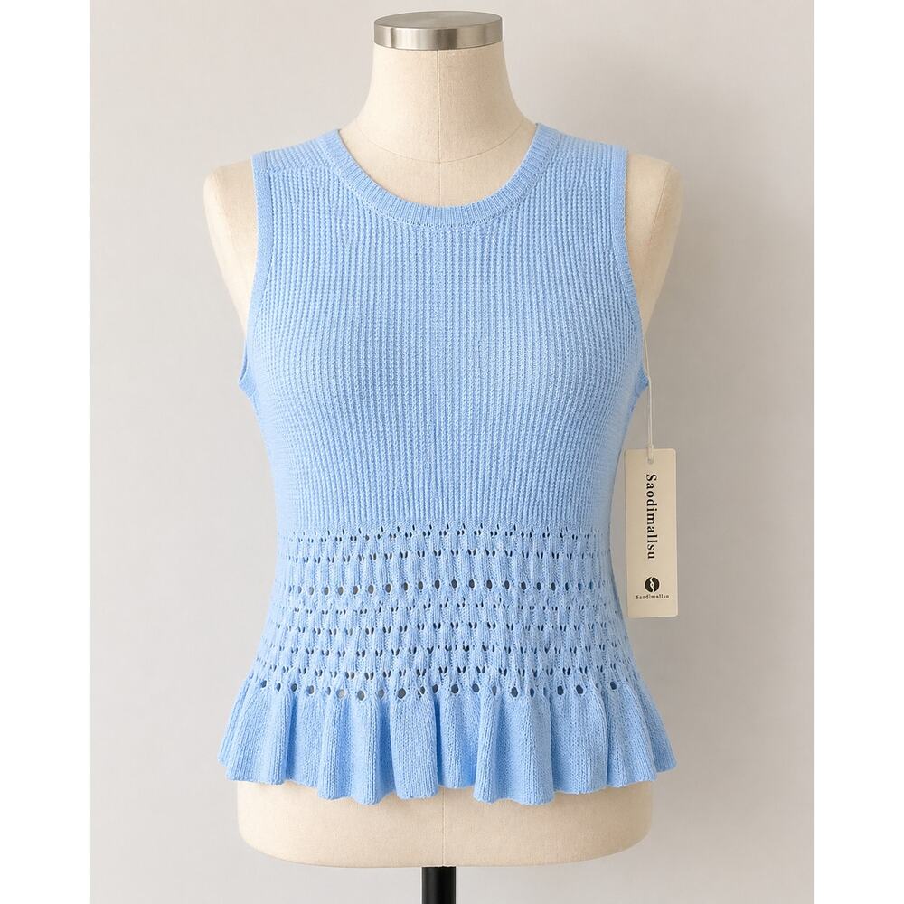Saodimallsu Light Blue Knit Sleeveless Peplum Top Ruffle Hem Size L NWT